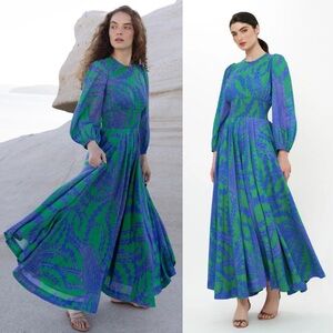 Oliphant Crew Neck Smocked Waist Maxi in Thistle Green XS
